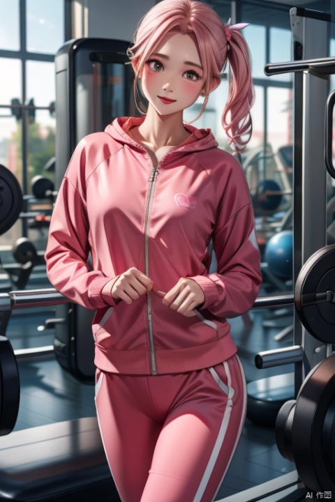 Oily and shiny skin,Pink gym suit、（（best quality））, （（intricate details））, （（Surrealism））（8k）