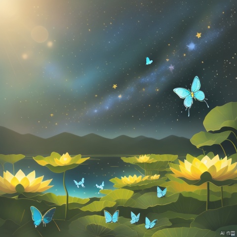 Dunhuang art style illustration, many blue butterflies with auspicious clouds around the design, transparent diamond wings, gorgeous, (blue butterflies shining with starlight: 1.36) flying over the lotus pond, extremely delicate brushstrokes, soft and smooth, Chinese red and indigo, gold background