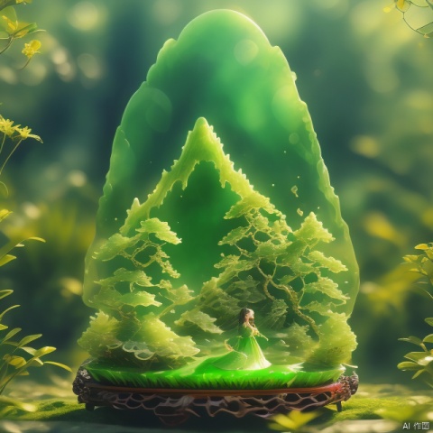 Best Quality, Very Good, 16K, Ridiculous, Very Detailed, Gorgeous Transparent Jade Girl, Background Grassland ((Masterpiece Full of Fantasy Elements))), ((Best Quality)), ((Intricate Details))( 8K)
