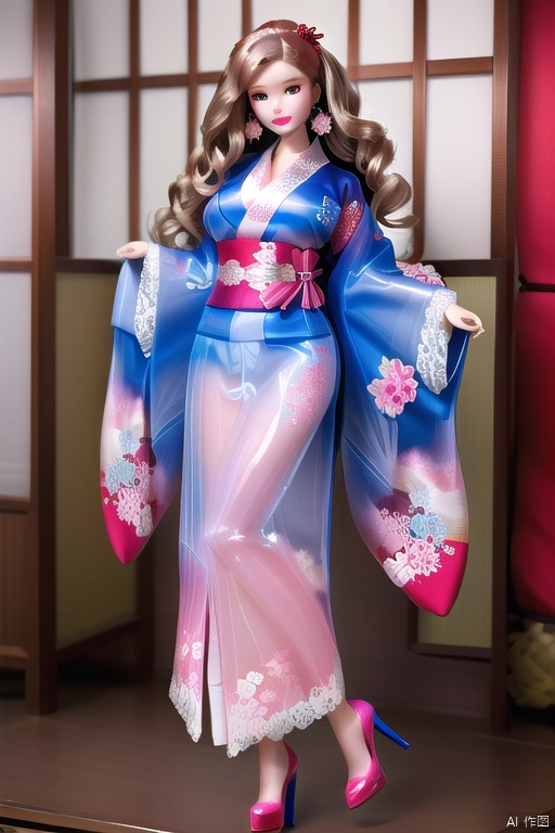 (Masterpiece, best quality: 1.2), 1wavy hair Barbie doll, doll, gel, delicate eyes, plump pink lips, wide hips, gel skin, ((red blue transparent lace kimono)), earrings , high heels, huge natural breasts