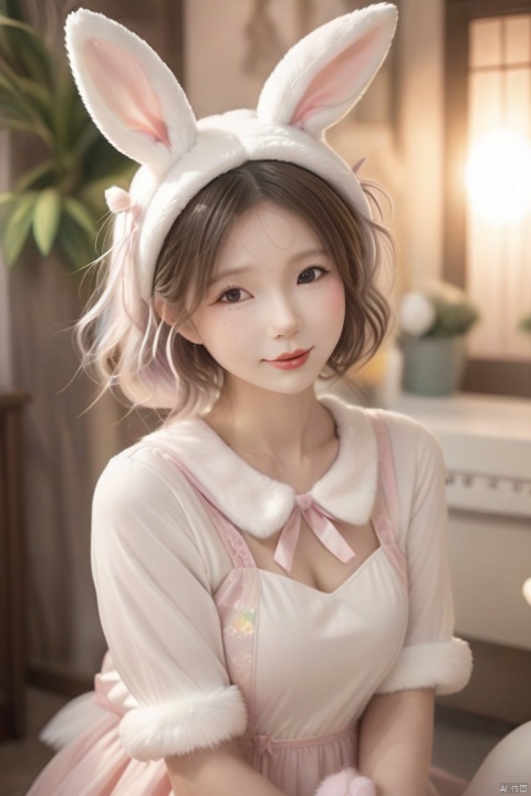 A woman wearing a fluffy bunny costume and big bunny ears, full body shot, wide angle, cute and childlike expression, professional portrait, ultra-fine 8K, high resolution, detailed facial features, detailed clothing, soft lighting, whimsical, fantasy, pastel colors, cute, loli,jjmx