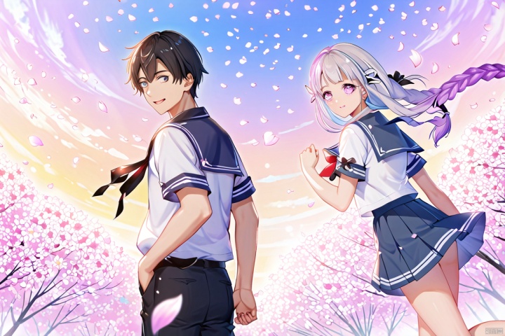 yinji, 1 girl and 1 boy, back to back, looking back at each other, (((reluctant expression))) purple and white gradient double braids, gorgeous school, romantic atmosphere, (((many petals flying))), (( Sailor Suit)) Your Name, Author: Xinhai Cheng, Super Wide Angle, (8K) (HD)