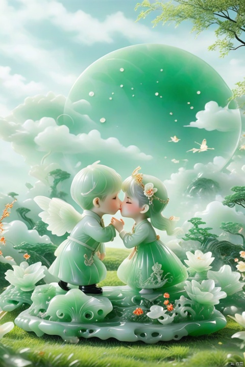 best quality, very good, 16K, ridiculous, Extremely detailed, Lovely(((Boy and girl kissing,lover:1.3))),Made of translucent jadeite, Background grassland（（A masterpiece full of fantasy elements）））, （（best quality））, （（Intricate details））（8k）