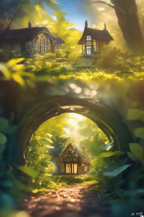  House built with trees, presence, so many elves ((best quality)), ((intricate details)), ((surrealism)) (8k), Magazine cover