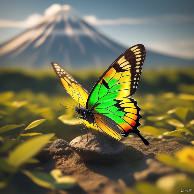 Best quality, very good, 16 thousand, ridiculous, extremely detailed, gorgeous butterfly made of translucent emerald, volcano in the background ((masterpiece full of fantasy elements))), ((best quality)) , ((Intricate details)) (8k),针织玩偶,小萝利