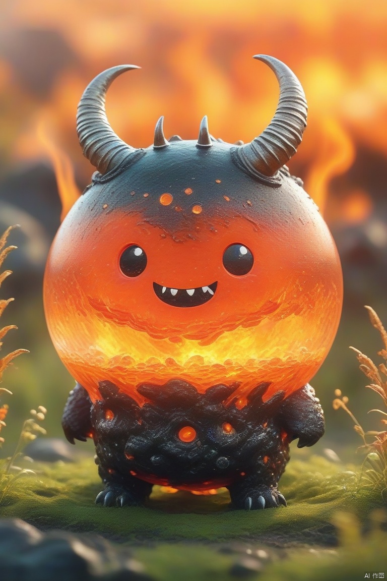  Best quality, very good, 16 thousand, ridiculous, extremely detailed, cute round slime demon with horns made of translucent boiling lava, background grassland ((masterpiece full of fantasy elements))), ((most good quality)), ((intricate details)) (8k)