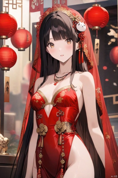 very long hair,（（（Eyes are very delicate）））（（（hair accessories）））（（（veil）））,necklace,Misako wears a red transparent sexy silk dress, ((skin glowing))The room is filled with Chinese New Year decorations（（（masterpiece）））, （（best quality））, （（intricate details））, （（Surreal））（8k）
