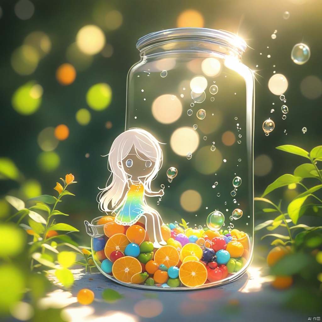 (masterpiece), (best quality), illustration, ultra detailed, hdr, Depth of field, (colorful), loli,(flowers background:1.45),(transparent background:1.3)(an extremely delicate and beautiful girl inside of glass jar:1.2), (glass jar:1.35),(solo:1.2), (full body), (beautiful detailed eyes, beautiful detailed face:1.3), (sitting ), (very long silky hair, float white hair:1.15), (medium_breasts, tally and skinny:1.2), (Colorful dress:1.3), (extremely detailed lace:0.3), (insanely detailed frills:0.3),(hairband , orange hair_ornament:1.25),orange cans,water surface,full body,(bottle filled with orange water,bottle filled with Fanta:1.25), (many fruits in jar, many Sliced_fruits in jar:1.25), (many bubbles:1.25),