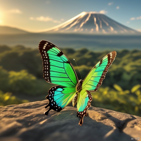 Best quality, very good, 16 thousand, ridiculous, extremely detailed, gorgeous butterfly made of translucent emerald, volcano in the background ((masterpiece full of fantasy elements))), ((best quality)) , ((Intricate details)) (8k),针织玩偶,小萝利