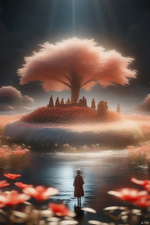 A white glowing tree in the middle of a field of red flowers, on an island floating on the water, with two people in robes standing next to it, black background, 3d rendering, Unreal Engine 5, cinematic footage, low angle shot, fantasy style , Volumetric Lighting, Surreal, Extremely Detailed, Terracotta Warriors