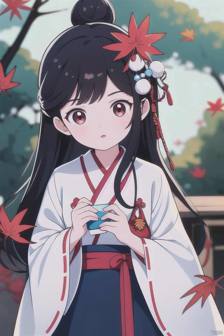 (masterpiece), (best quality), illustration, ultra detailed, hdr, Depth of field, (colorful), loli, artist roha, Girl, in the autumn, red maple leaves, a girl wearing Hanfu, a white top, a blue skirt, a hair bun, long hair, black hair, small chest, holding maple leaves in hand, looking at the camera., Anime