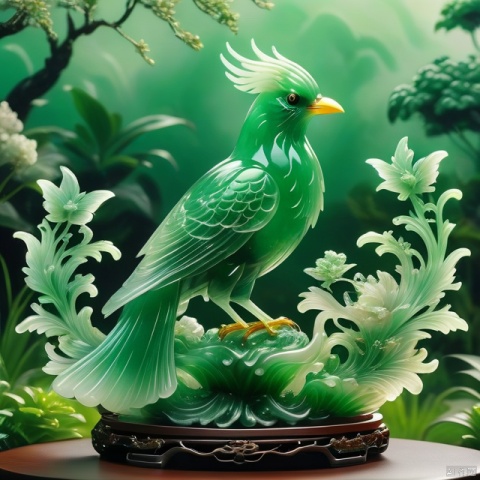 Best Quality, Very Good, 16K, Ridiculous, Very Detailed, Gorgeous Transparent Jade Firebird, Background Grassland ((Masterpiece Full of Fantasy Elements))), ((Best Quality)), ((Intricate Details) )(8K)