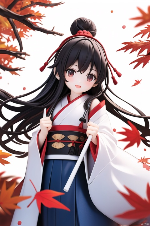 (masterpiece), (best quality), illustration, ultra detailed, hdr, Depth of field, (colorful), loli, artist roha, Girl, in the autumn, red maple leaves, a girl wearing Hanfu, a white top, a blue skirt, a hair bun, long hair, black hair, small chest, holding maple leaves in hand, looking at the camera.