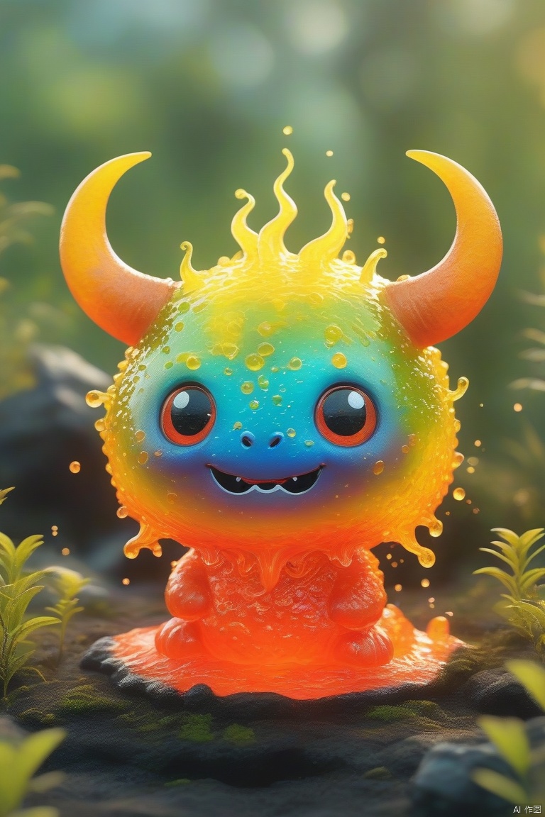  Best quality, very good, 16 thousand, ridiculous, extremely detailed, cute round slime demon with horns made of translucent boiling lava, background grassland ((masterpiece full of fantasy elements))), ((most good quality)), ((intricate details)) (8k)
