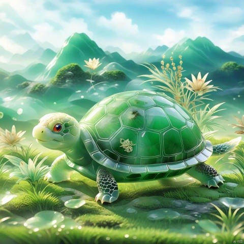 best quality, very good, 16K, ridiculous, Extremely detailed, Lovely(((turtle:1.3))),Made of transparent jade, Background grassland（（A masterpiece full of fantasy elements）））, （（best quality））, （（Intricate details））（8k）