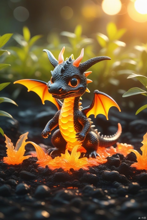 Best quality, very good, 16 thousand, ridiculous, extremely detailed, cute slime dragon with horns made of translucent boiling lava, background grassland ((masterpiece full of fantasy elements))), ((best quality)), ((intricate details)) (8k)