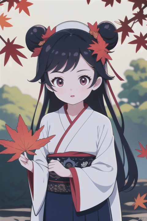 (masterpiece), (best quality), illustration, ultra detailed, hdr, Depth of field, (colorful), loli, artist roha, Girl, in the autumn, red maple leaves, a girl wearing Hanfu, a white top, a blue skirt, a hair bun, long hair, black hair, small chest, holding maple leaves in hand, looking at the camera., Anime