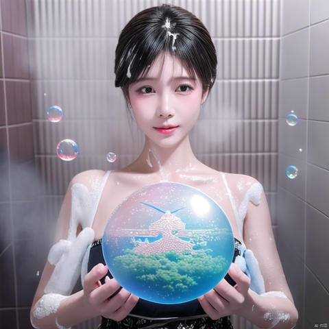 40 year old mother in the shower,Soap bubbles all over the body, too big,glowing skin,（（（masterpiece）））, （（best quality））, （（intricate details））, （（Surrealism））（8k）,非常大,日本