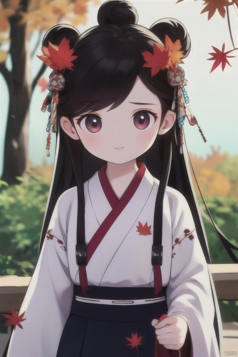 (masterpiece), (best quality), illustration, ultra detailed, hdr, Depth of field, (colorful), loli, artist roha, Girl, in the autumn, red maple leaves, a girl wearing Hanfu, a white top, a blue skirt, a hair bun, long hair, black hair, small chest, holding maple leaves in hand, looking at the camera., Anime,针织玩偶