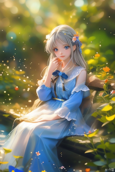 (Masterpiece), (Best Quality), Illustration, Ultra-Detailed, High Dynamic Range, Depth of Field, (Colorful), ,,This is a masterpiece that exudes exceptional quality. The illustration is ultra-detailed, created using HDR technology Sense of depth. The theme is original, beautiful, and beautiful artwork, bright colors and full of fantasy elements. The girl sitting on the seaside, surrounded by flowing water, with the dark blue world tree in the background, located in the cemetery. Tranquil and dreamy The atmosphere gives the whole scene a soulful and charming quality. Her pale complexion, sparkling blue eyes, and silver hair decorated with flowers create a charming portrait. She wears a Lolita-style outfit, a poker face, and closes your Mouth. Backgrounds range from white, transparent, looping options, and translucent blue butterflies flying around for added vibrancy.,小萝利
