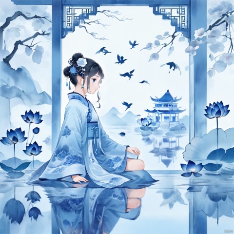 1girl, solo, black hair, hair ornament, long sleeves, dress, closed mouth, standing, full body, flower, indoors, hair flower, wide sleeves, hair bun, from side, tree, window, profile, bird, chinese clothes, single hair bun, white flower, reflection, shawl, architecture, east asian architecture, blue theme, lotus, updo, hanfu, lattice, guoflinke, chinese dress