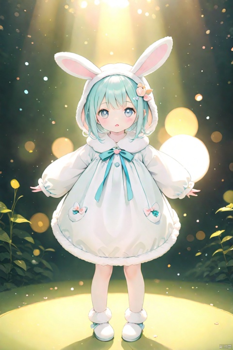 A woman wearing a fluffy bunny costume and big bunny ears, full body shot, wide angle, cute and childlike expression, professional portrait, ultra-fine 8K, high resolution, detailed facial features, detailed clothing, soft lighting, whimsical, fantasy, pastel colors, cute, loli