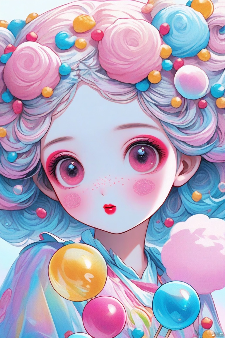  beautiful kawaii naughty girl, hyper detailed, cotton candy curly hair, candy freckles, bright makeup, holographic transparent candy dress, close-up portrait, highly detailed illustration, candyland character design, surrounded by swirls of ice cream and cream butter Pale pastel colors, bubblegum bubbles, gradient background. the candy girl