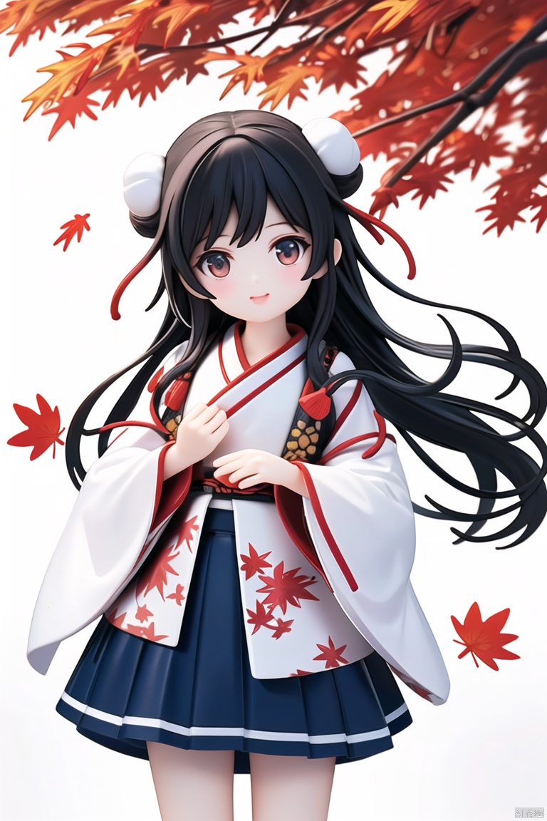 (masterpiece), (best quality), illustration, ultra detailed, hdr, Depth of field, (colorful), loli, artist roha, Girl, in the autumn, red maple leaves, a girl wearing Hanfu, a white top, a blue skirt, a hair bun, long hair, black hair, small chest, holding maple leaves in hand, looking at the camera.