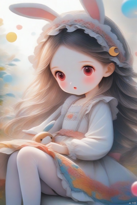 1girl,very long hair, rabbit ears, crescent hair ornament, curly hair, red eyes, white dress, frilled dress, gothic lolita, long sleeves, :o, sitting, [from side], holding stuffed bunny, medium breasts, white pantyhose, no shoes, panties under pantyhose, cameltoe, white background, depth of field, masterpiece, best quality, onnk, colorful, bubble, loli