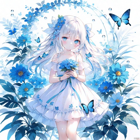 masterpiece,best quality,high quality,(colorful),Artist onineko,1girl,loli,flower,solo,hair ornament,dress,bug,butterfly,blue eyes,hair flower,long hair,holding,looking at viewer,blue flower,white dress,blue butterfly,bare shoulders,food,fruit,hair between eyes,strapless dress,strapless,jewelry,collarbone,white hair,blush,ribbon,standing,plant,closed mouth,bracelet,water drop,blue ribbon,leaf,
