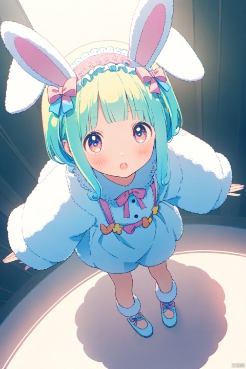 A woman wearing a fluffy bunny costume and big bunny ears, full body shot, wide angle, cute and childlike expression, professional portrait, ultra-fine 8K, high resolution, detailed facial features, detailed clothing, soft lighting, whimsical, fantasy, pastel colors, cute, loli,jjmx, Magazine cover