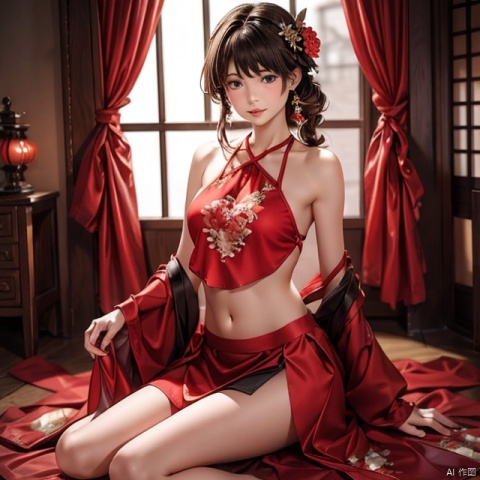  1girl, navel, solo, realistic, midriff, bare shoulders, sitting, hair ornament, black hair, jewelry, curtains, brown hair, parted lips, skirt, red skirt, looking at viewer, cowboy shot, juemei,日本