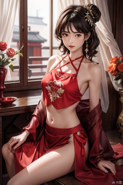  1girl, navel, solo, realistic, midriff, bare shoulders, sitting, hair ornament, black hair, jewelry, curtains, brown hair, parted lips, skirt, red skirt, looking at viewer, cowboy shot, juemei,日本