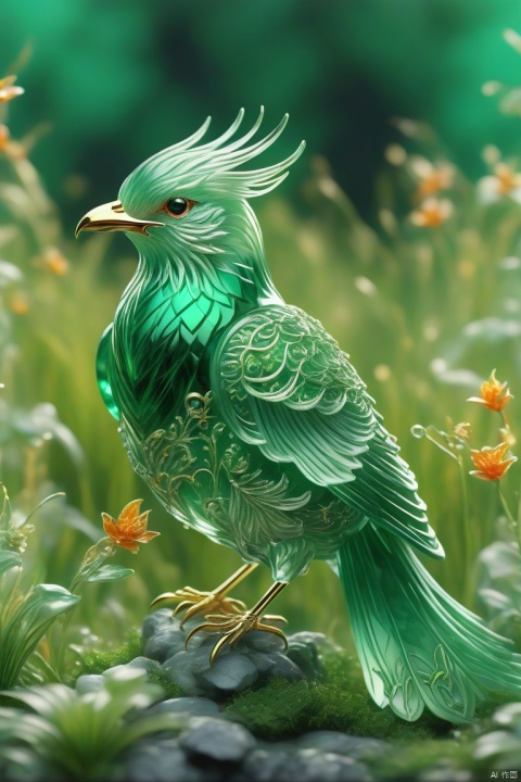 Best quality, very good, 16 thousand, ridiculous, extremely detailed, gorgeous transparent emerald firebird, background grassland ((masterpiece full of fantasy elements))), ((best quality)), (complex Details)) (8k)