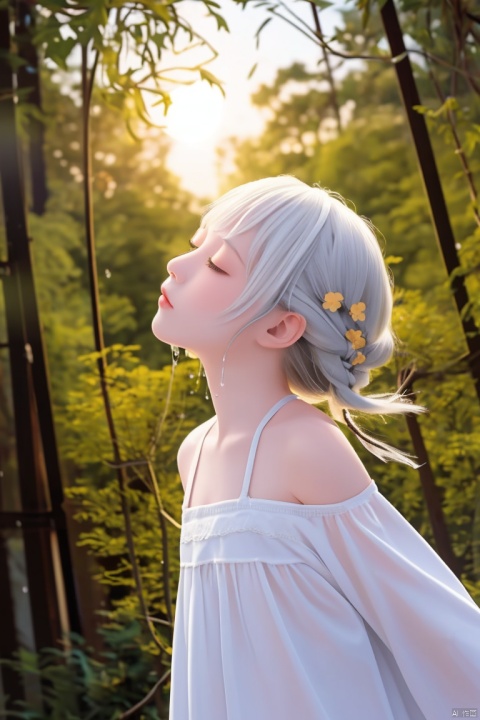 (masterpiece),(best quality),illustration,ultra detailed,hdr,Depth of field,(colorful),loli,yellow theme,the setting sun,Chamomile,Chamomile,cornflower,vines,forest,ruins,lens flare,hdr,Tyndall effect,damp,wet,1girl,bare shoulders,broken glass,broken wall,white hair,white dress,closed mouth,constel lation,flat color,braid,blinking,white robe,float,closed mouth,constel lation,flat color,looking up,standing,medium hair,standing,solo, , , , ,