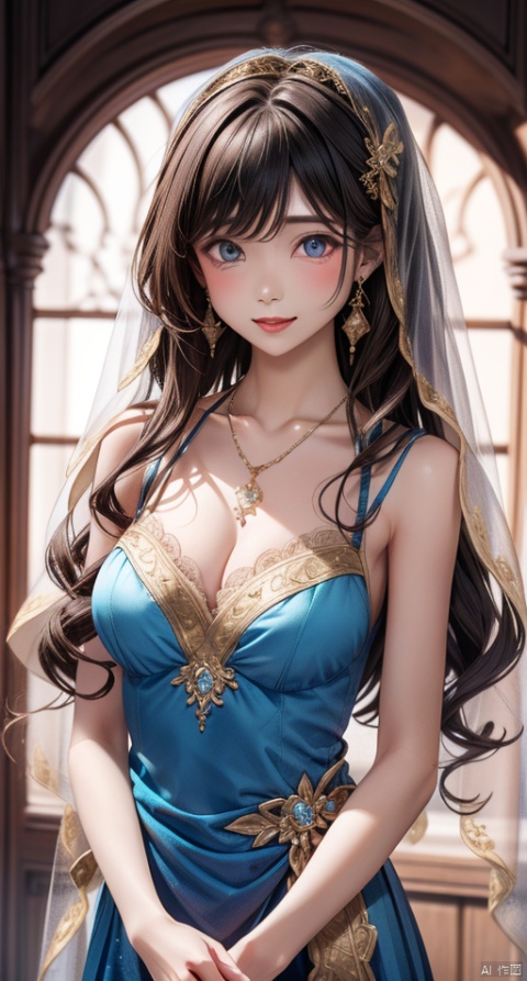 wavy hair wavy hair,Eyes are very delicate,,necklace,（（（hair accessories）））（（（veil）））Oily and shiny skin,blue and gold maxi dress、（（best quality））, （（intricate details））, （（Surrealism））（8k）