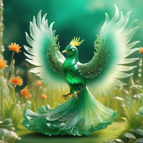 Best quality, very good, 16 thousand, ridiculous, extremely detailed, gorgeous transparent emerald firebird, background grassland ((masterpiece full of fantasy elements))), ((best quality)), (complex Details)) (8k)