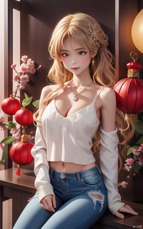 wavy hair wavy hair,（（（hair accessories）））,necklace,Wear a sexy sweater,,skinny jeans,The room is filled with Chinese New Year decorations（（（masterpiece）））, （（best quality））, （（intricate details））, （（Surreal））（8k）