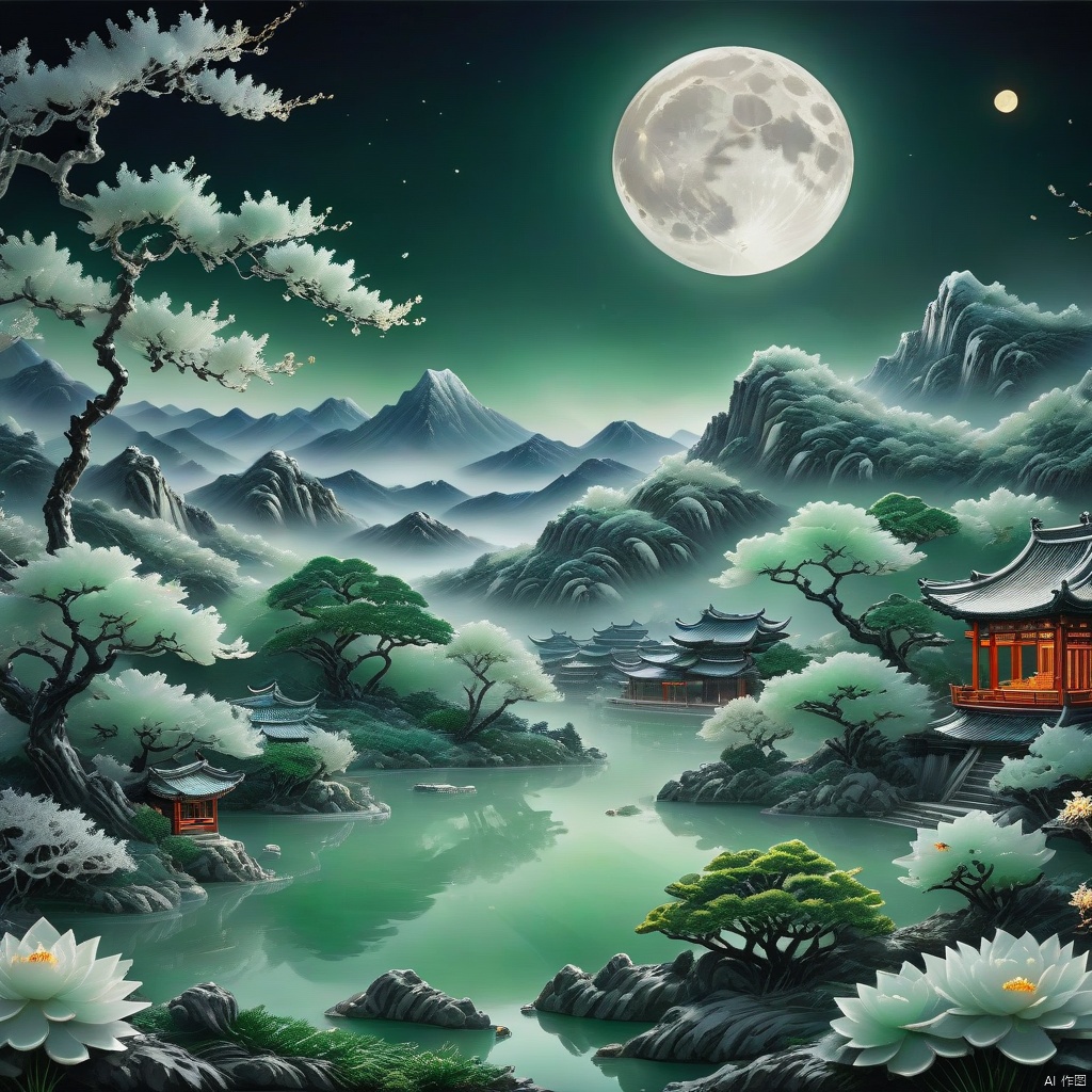Best quality, very good, 16 thousand, ridiculous, extremely detailed, Jingyesi, looking at the moonlight in front of the bed, suspected to be frost on the ground. Looking up at the mountains and the moon, looking down at my hometown, author; Li Bai, made of translucent jade, background grassland ((a masterpiece full of fantasy elements))), ((the best quality)), ((complex details) )(8k)
