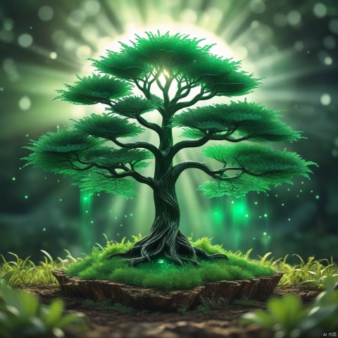 Best quality, very good, 16 thousand, ridiculous, extremely detailed, gorgeous big tree made of translucent emerald, background grassland ((masterpiece full of fantasy elements))), ((best quality) ), ((Intricate details)) (8k)
