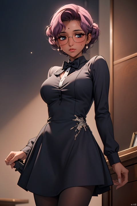 (masterpiece, best quality:1.2),Mafia background super detailed, 1 girl with a gun, alone,Exquisite hair color,short hair,( Wear conservative dress, black tie:1.2)Get a pistol, ,glowing skin,A lot of sweat(  very dark skin 1.2),wear glasses,earrings（（（nervous expression）））blush,mysterious atmosphere,pink lips