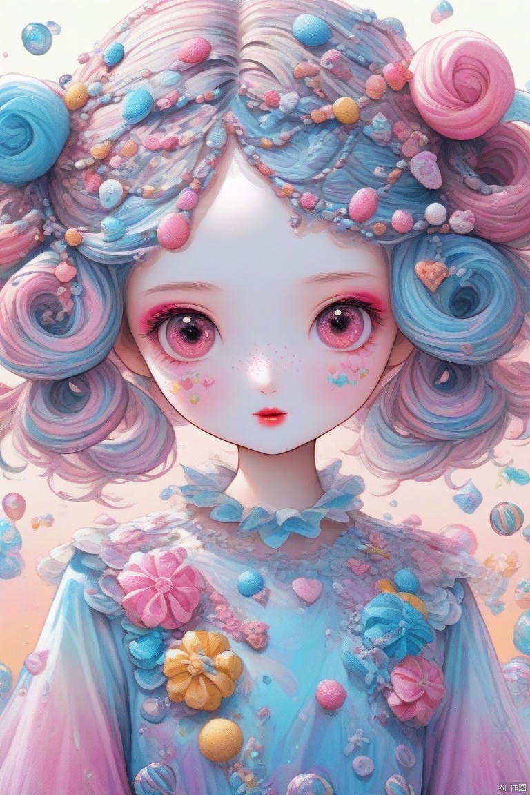  beautiful kawaii naughty girl, hyper detailed, cotton candy curly hair, candy freckles, bright makeup, holographic transparent candy dress, close-up portrait, highly detailed illustration, candyland character design, surrounded by swirls of ice cream and cream butter Pale pastel colors, bubblegum bubbles, gradient background. the candy girl