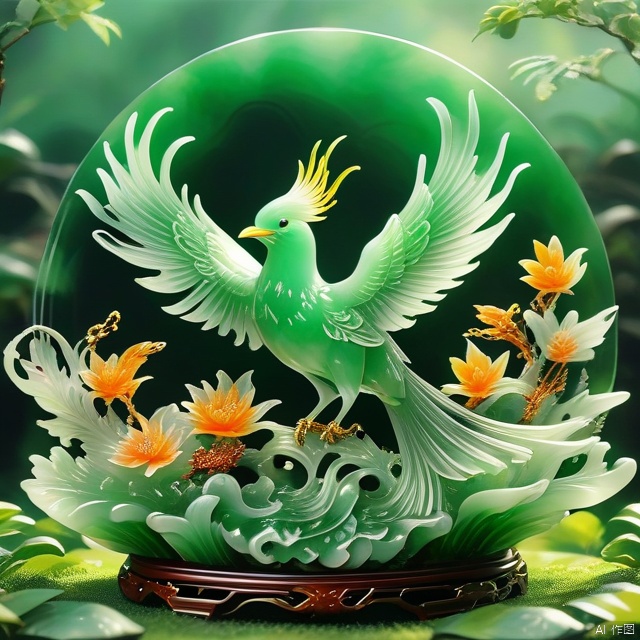 Best Quality, Very Good, 16K, Ridiculous, Very Detailed, Gorgeous Transparent Jade Firebird, Background Grassland ((Masterpiece Full of Fantasy Elements))), ((Best Quality)), ((Intricate Details) )(8K)