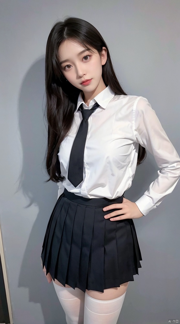  Best quality, 1girl, xtt's body,(school uniform),full body, Wearing black Pleated skirt, wearing white pantyhose , photo pose,, shapely body,midnight, xtt, aki