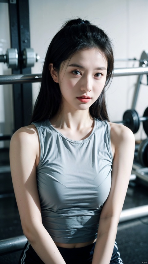  The image is a well-lit and colorful photograph taken in a gym setting. The woman's outfit is stylish and functional, and her posture and facial expression convey a sense of confidence and determination. The gym equipment in the background adds to the overall atmosphere of the photograph. The lighting is well-balanced, creating a flattering effect on the subject. The image is a high-quality photograph that effectively captures the essence of the gym setting and the subject's personality. It is a well-crafted image that is both aesthetically pleasing and emotionally impactful.