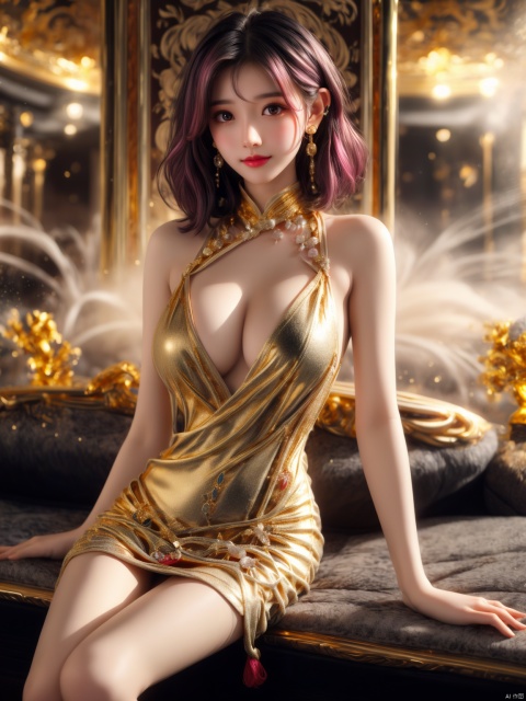  High quality, masterpiece, 1Girl, Earstuds, blue eyes,Earstuds, blue eyes, black hair, short hair,(luxurious gold lucency full dress: 1.5), navel exposed, thigh exposed, (supermodel pose),smile,(solo),（Different postures）,Pink hair,(Perfect hand lines),, 1 girl, , yeqinxian, (large_breast:1.3), landscape, partially submerged,wading, Nebula, light master