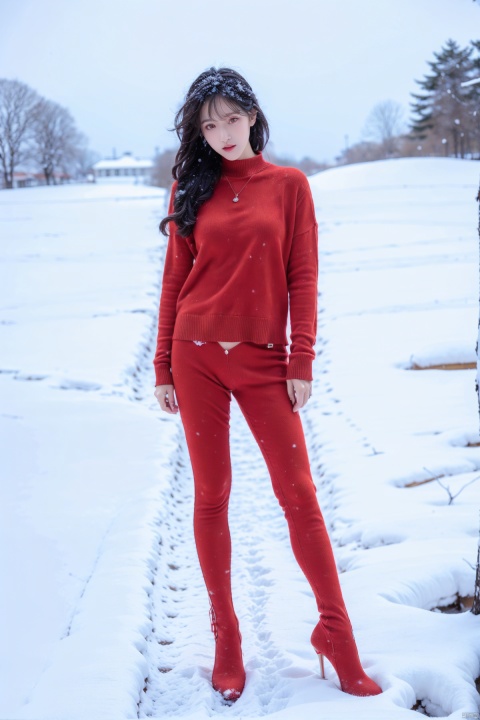  Full-body photos of a girl, red sweater, bare long legs, high heels, winter, realism, HD 16K, snow, winter, 1girl,high_heels,underwear, tutututu