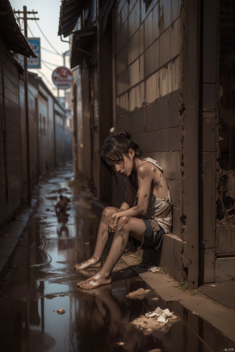  (Masterpiece, best quality, HD images), empty streets, dark and damp, rats, female beggars, broken clothes, exposed skin, desperate sitting in a corner, weakness, hunger, dirty skin,child, takei film