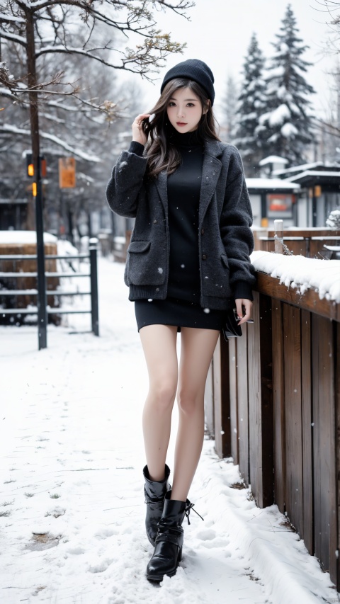  1 girl, Sexy winter clothes, bare legs,Snowy day,countryside,