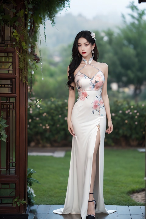 (full body:1.5)She stands alone in a place surrounded by lush flowers and plants, with misty mountains covered by a light rain in the distance. Wearing black stockings, she showcases her slender and straight legs against the lush greenery. A delicate headpiece adorns her head, with tiny flowers embellishing her smooth and shiny black hair, resembling a cascade of beautiful floral rain. Gently, she holds a lit candle, casting a soft glow that renders her face like a fairy in the mist, ethereal and mysterious. Her long black hair cascades over her shoulders, exuding a rich and exotic fragrance. Her deep black eyes are bright and mesmerizing, seemingly capable of peering into one's soul. Her lips are coated with a vibrant red lipstick, outlining a perfect contour and radiating irresistible charm. Adorned with exquisite earrings and jewelry, she sparkles with enticing brilliance. She is dressed in a traditional Chinese garment, featuring delicate flower patterns on the smooth fabric. The collar is slightly open, revealing her graceful shoulders and an elegantly proportioned chest. With a gaze filled with tenderness, she looks deeply into the eyes of the audience, as if she can hear their innermost thoughts. The background is blurred and fuzzy, creating a sense of visual depth, with her being the focal point. Her makeup is exquisite and lifelike, transforming her into a captivating work of art., tutututu